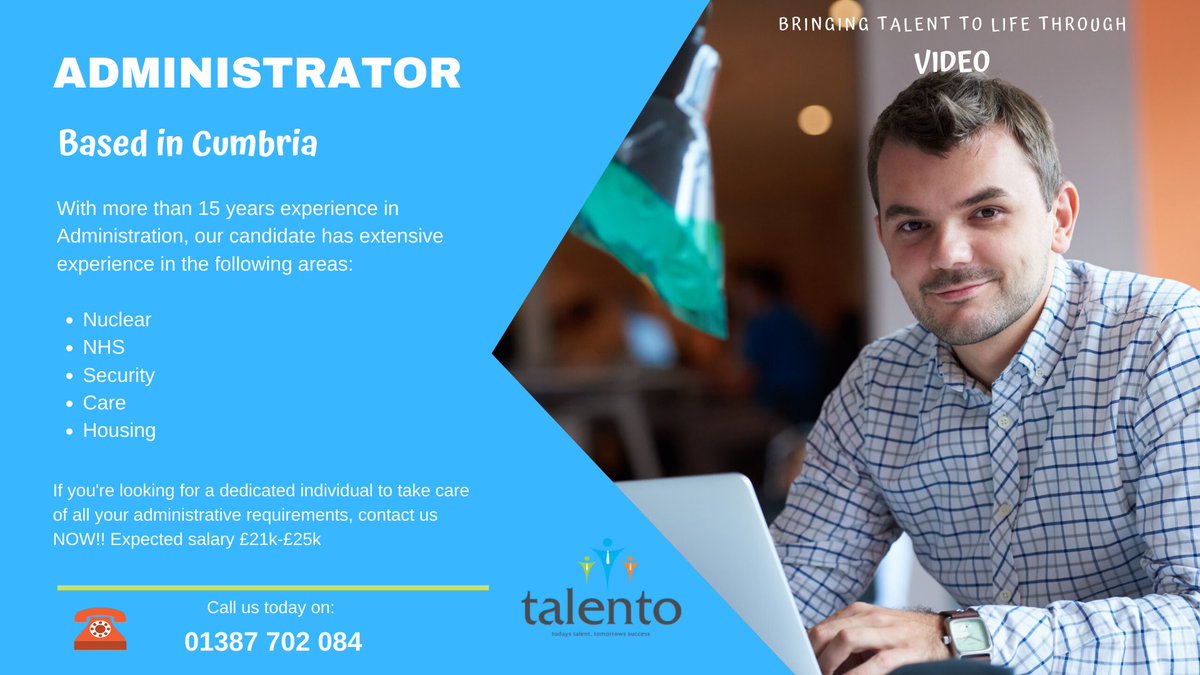 TalentoGroup_'s tweet photo. We have an experienced Administrator available in the Cumbria area. With over 15 years experience in variety of sectors, our candidate would be an excellent asset to your team. https://t.co/jaXJdMsnBB