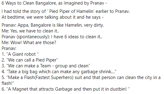 raghavan_nvr's tweet photo. 6 ways to clean Bangalore, imagined by my 6yr old kid... 
@BBMPCOMM @BBMPSWMSplComm, let's not wait till our kids grow up and build a clean #bengaluru! #bbmc https://t.co/WljqWmS93W