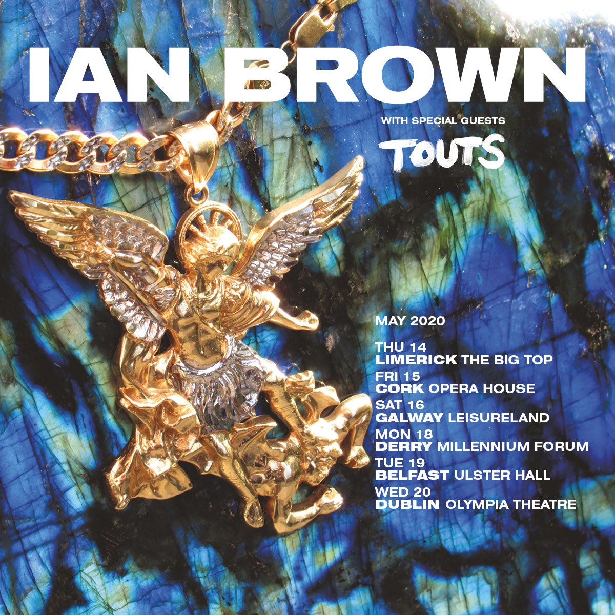 Ian Brown will be touring across Ireland in May 2020. Tickets are on sale at 9am on Fri 28 Feb from: ticketmaster.ie/ian-brown-tick… MAY 14 Limerick @LiveAtTheBigTop 15 @CorkOperaHouse 16 Galway Leisureland 18 Derry @MillenniumForum 19 Belfast @UlsterHall 20 Dublin @olympiatheatre