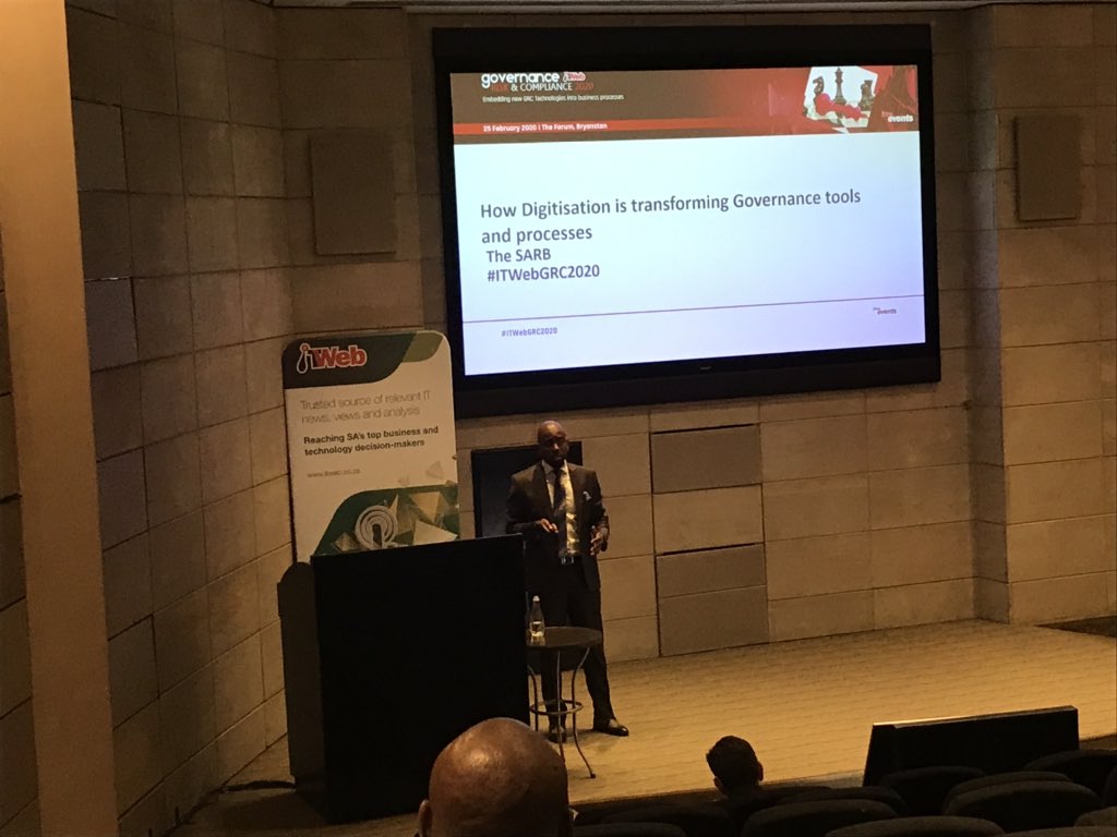 ITWeb_Events's tweet image. @SAReserveBank Head of Business Systems and Projects Audit, Letlhogonolo Moroeng, examines how digitalization is transforming governance tools and processes, as the #ITWebGRC2020 continues