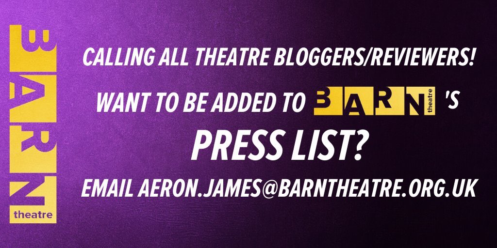 CALLING ALL THEATRE BLOGGERS/REVIEWERS! We have opened our press list books to add more amazing people that wish to cover our news, shows and events! Email aeron.james@barntheatre.org.uk to be added and for further information. 🎭 #BuiltByBarn #BarnTheatre #TheatreBlogger