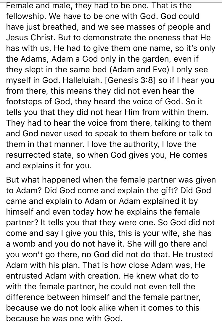 IAmLesegoDaniel's tweet photo. #DailyDevotion [NO FEAR IN THE RESURRECTED STATE]: Female and male had to be one. That is the fellowship. We have to be one with God. 
#SonOfProf.LesegoDaniel
#SundayMessageRecap https://t.co/VTlsjxNbN4