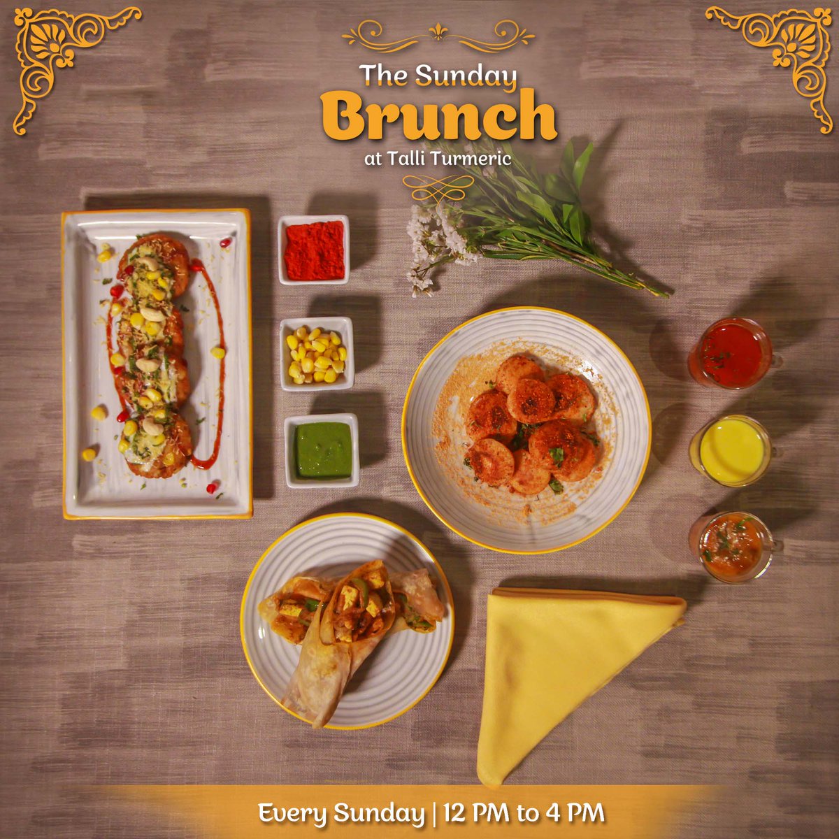 TalliTurmeric's tweet photo. Wind down after a long week and spend your leisurely moments lounging in the comfort of flavourful and rich variants of classics like Dosas, Chaats, Indian grills and much more at #TheSundayBrunch at #TalliTurmeric.

Packages starting from INR 1250++

Every Sunday,12 PM to 4 PM https://t.co/s7VB112ADb