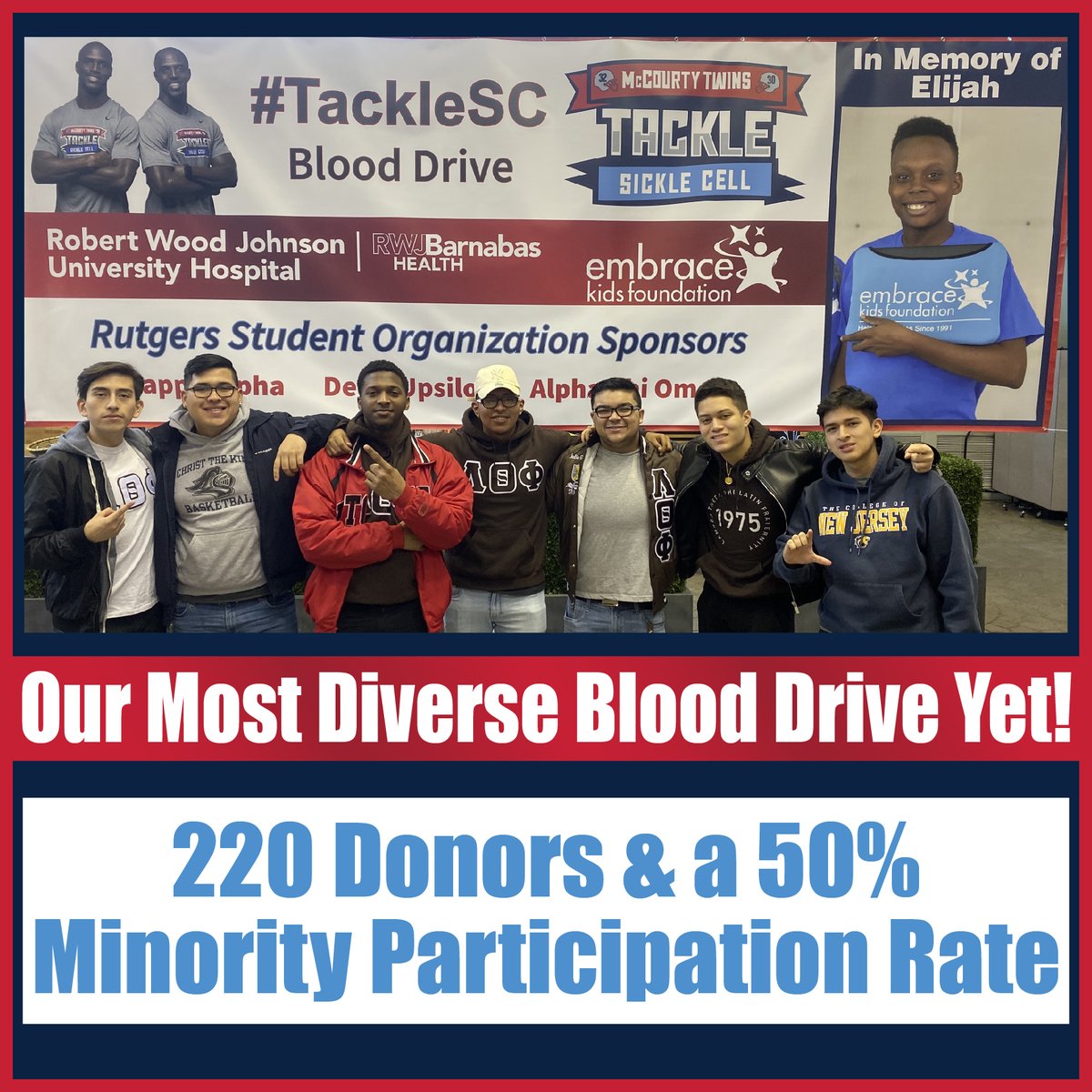 EmbraceKids (@embracekids) on Twitter photo Blood "sameness" betters health outcome. We exceeded expectations with a 50% minority participation rate at Saturday's <a href="/McCourtyTwins/">Devin&Jason McCourty</a> <a href="/TackleSC/">TackleSickleCell</a> <a href="/RWJUH/">Robert Wood Johnson University Hospital</a> @nybloodcenter <a href="/MalkaSports/">Malka Sports</a> <a href="/EmbraceKids/">EmbraceKids</a> Blood Drive. Very Proud... Blood "sameness" betters health outcome. We exceeded expectations with a 50% minority participation rate at Saturday's <a href="/McCourtyTwins/">Devin&Jason McCourty</a> <a href="/TackleSC/">TackleSickleCell</a> <a href="/RWJUH/">Robert Wood Johnson University Hospital</a> @nybloodcenter <a href="/MalkaSports/">Malka Sports</a> <a href="/EmbraceKids/">EmbraceKids</a> Blood Drive. Very Proud...