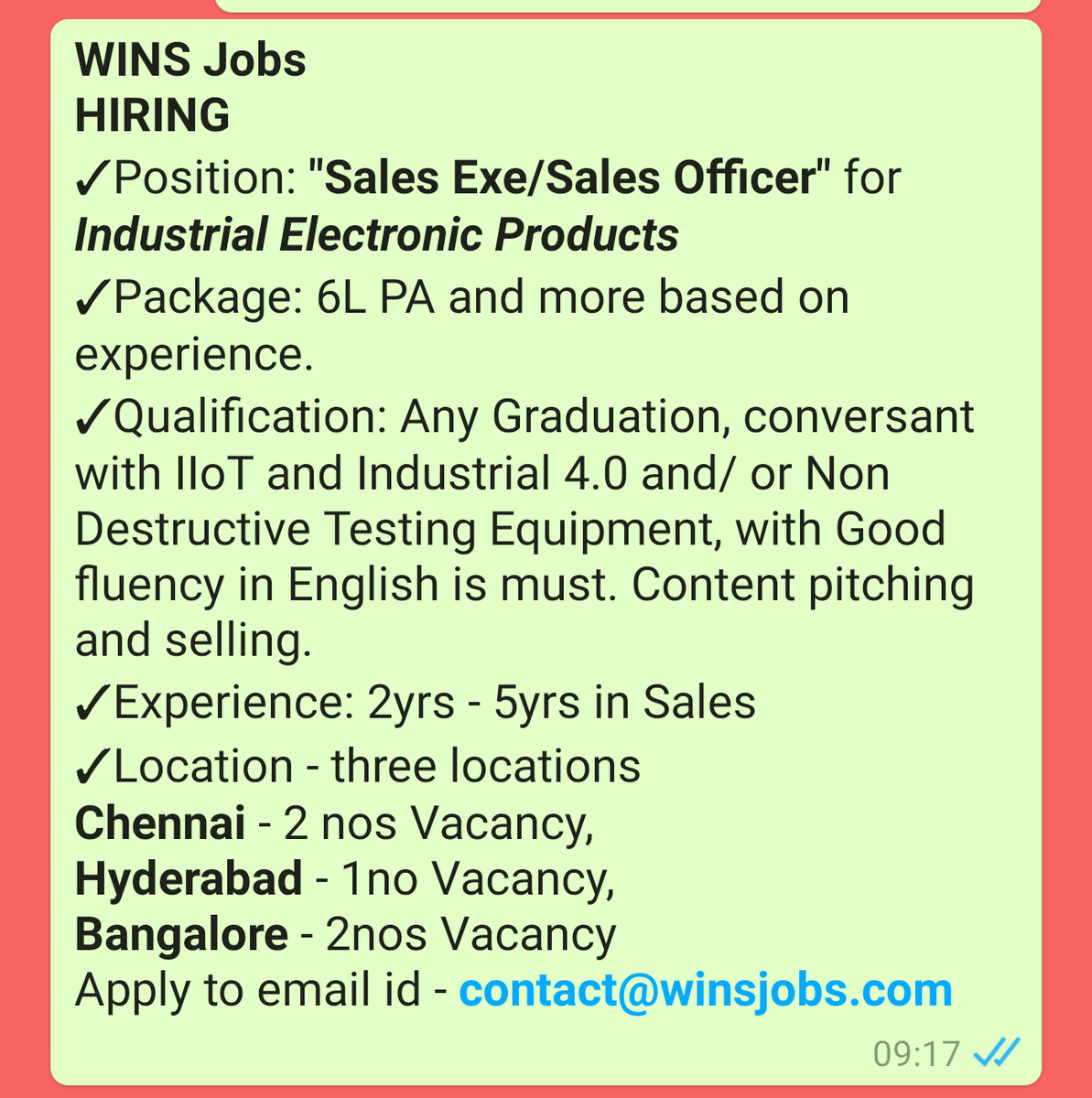 WINSJobs2's tweet photo. Hiring Sales Executive/Sales Officer
#IoT #IIoT #IndustrialIoT #industrial #electronicproduct #electronica #Sales #MarketingJobs #hyderabadmetro #bangaloretimesmostdesirable #ChennaiSuperKings #equipment #Jobs #Hiring #careers https://t.co/lWQSiNQ4Wm