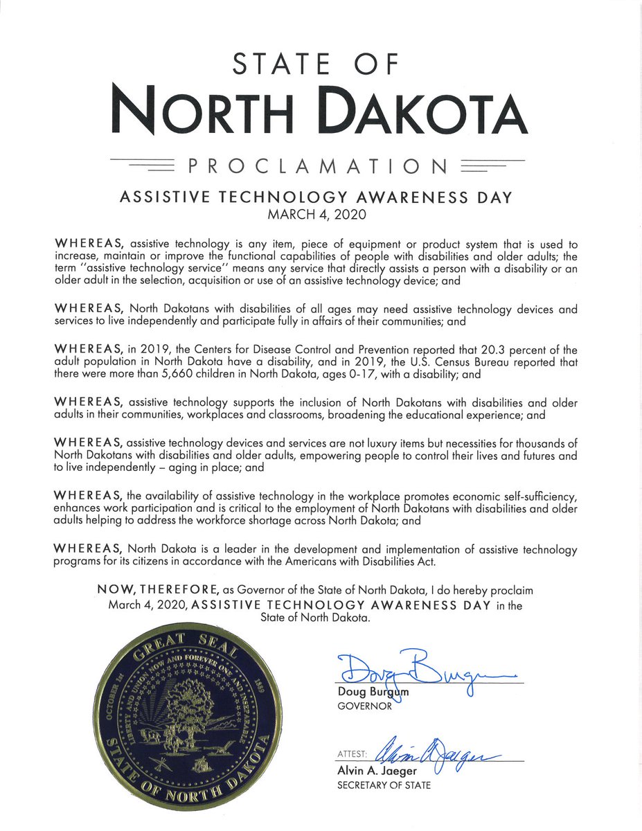 AssistTechHelp's tweet image. This is so exciting! March 4, 2020, is ND Assistive Technology Awareness Day! Special thanks to Governor Doug Burgum, Beth Bakke Stenehjem, and people in several other organizations in North Dakota for making this possible! 
#ATawarenessDay #NDATawarenessDay #NDAssistive
