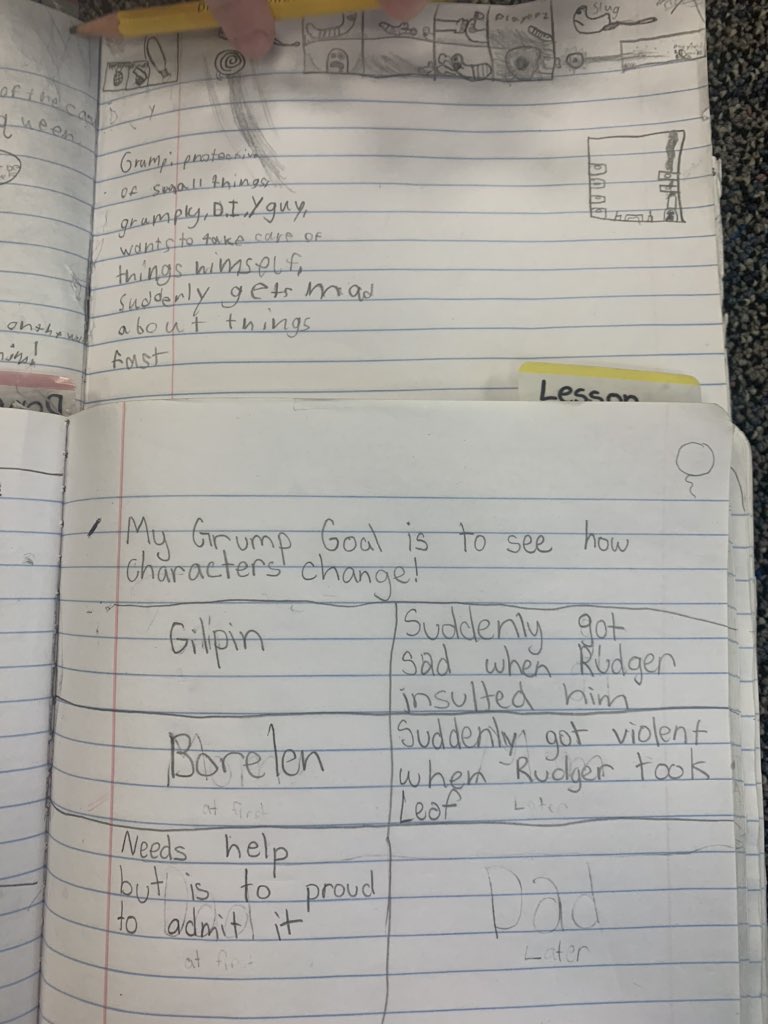 Waso4SCE's tweet photo. During our read aloud of @LieslShurtliff’s GRUMP this group of students are studying how a character changes over time. Impressed with their initial thoughts about the character Borlen! #MakingOurThinkingVisible https://t.co/Q3XHp9a11y