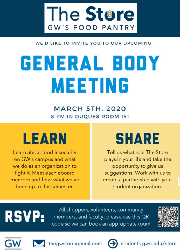Mark your calendars 📆 and set your alarms 🚨 for our GBM on Thursday, March 5th (8PM in Duques, 151). As you see these flyers around campus, we encourage you to RSVP through scanning the QR code 📷. Feel free to email/DM us with any questions: thegwstore@gmail.com 💕