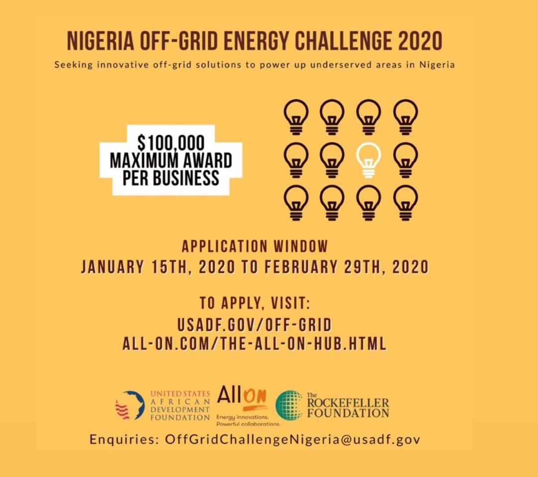 Only FOUR days left to apply for the 2020 <a href="/USADF/">U.S. African Development Foundation</a> &amp; <a href="/AllOnEnergy/">All On</a> Nigeria 🇳🇬 Off Grid Energy Challenge.  If you are looking for angel funding to build your energy solutions business, this is an opportunity you don’t want to miss