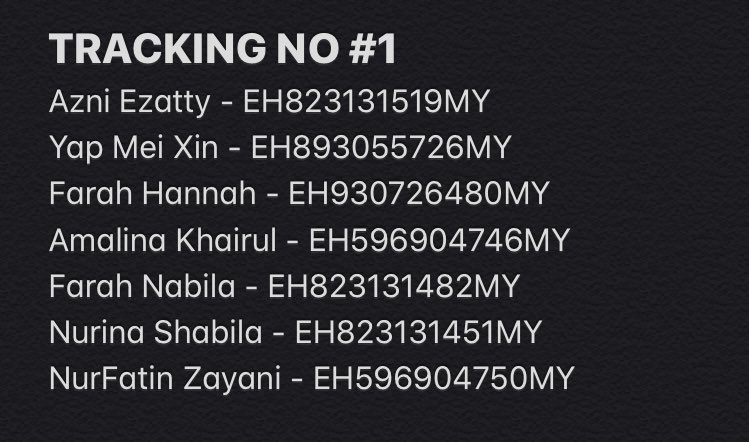 ATINYSTORE_MY's tweet photo. ✨ #AtinyStoreMy_ST
Here is the tracking numbers for some md and slogan purchasers. Leftover shipping (hoodies, postersets, shoppers bags and no escape slogan) will be shipped out by this week. Thank you for your patience 😊 https://t.co/pQUn1wWGkw