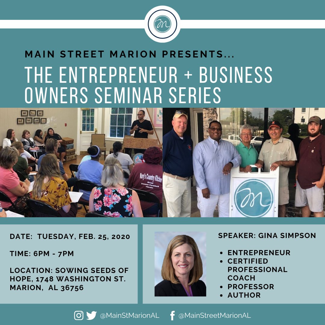 mainstmarional's tweet photo. Tonight is the night! Gina Simpson is coming to Marion, Alabama to talk about how to find a business idea, build a team, and successfully get started. Join us at 6PM TONIGHT at Sowing Seeds of Hope to #MoveMarionForward! #OneMarion
https://t.co/6pqH1izNlr https://t.co/Ieo4lXoQ3i