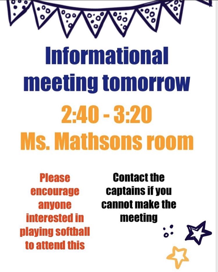 Very important meeting tomorrow (02/26) in Ms. Mathson’s room

**Contact captains with questions or if you cannot attend meeting