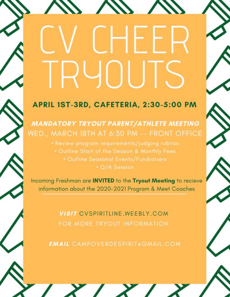 If you are interested in joking our cheer family, please attend our ‘20-‘21 informational tryout meeting! You will receive information about our upcoming season, tryout process, and next seasons expectations and goals. Can’t wait to see you there! 🧡💚#cvcheerinspires 🧡💚