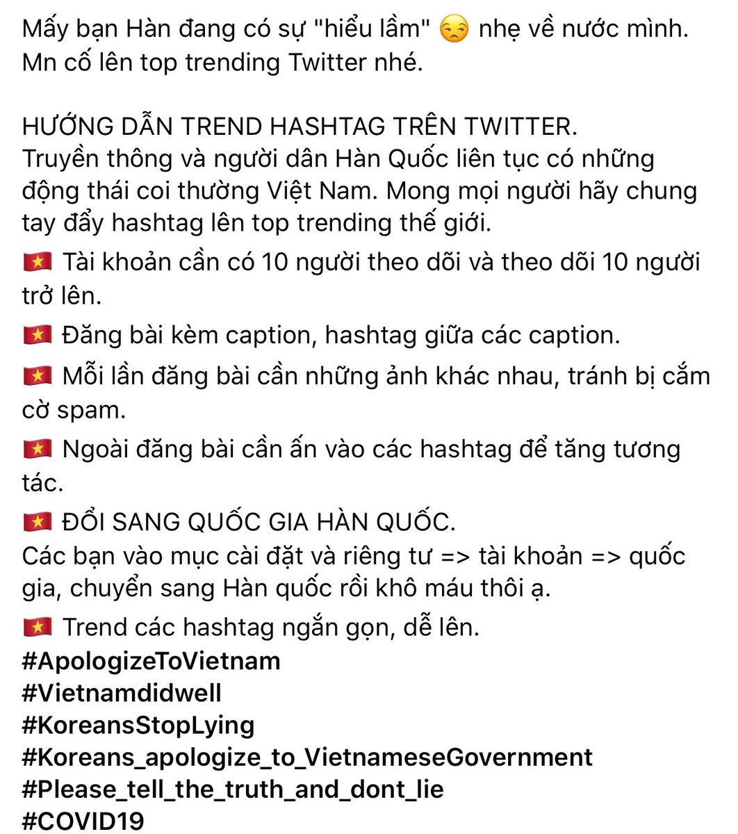 KhanhJubi's tweet photo. - trend tất cả các hashtag
- BÁO HÀN ĐƯA TIN SAI. LÀM XẤU LÒNG TỐT CỦA VIỆT NAM
- tuyệt đối không được chửi bới quá mức
đổi quốc gia trên twitter sang hàn quốc. tweet kèm các ảnh bằng chứng.
#ApologizeToVietnam 
#KoreansStopLying
 #표준말투와_내말투를_비교해보자 https://t.co/4BZLJd7dw9