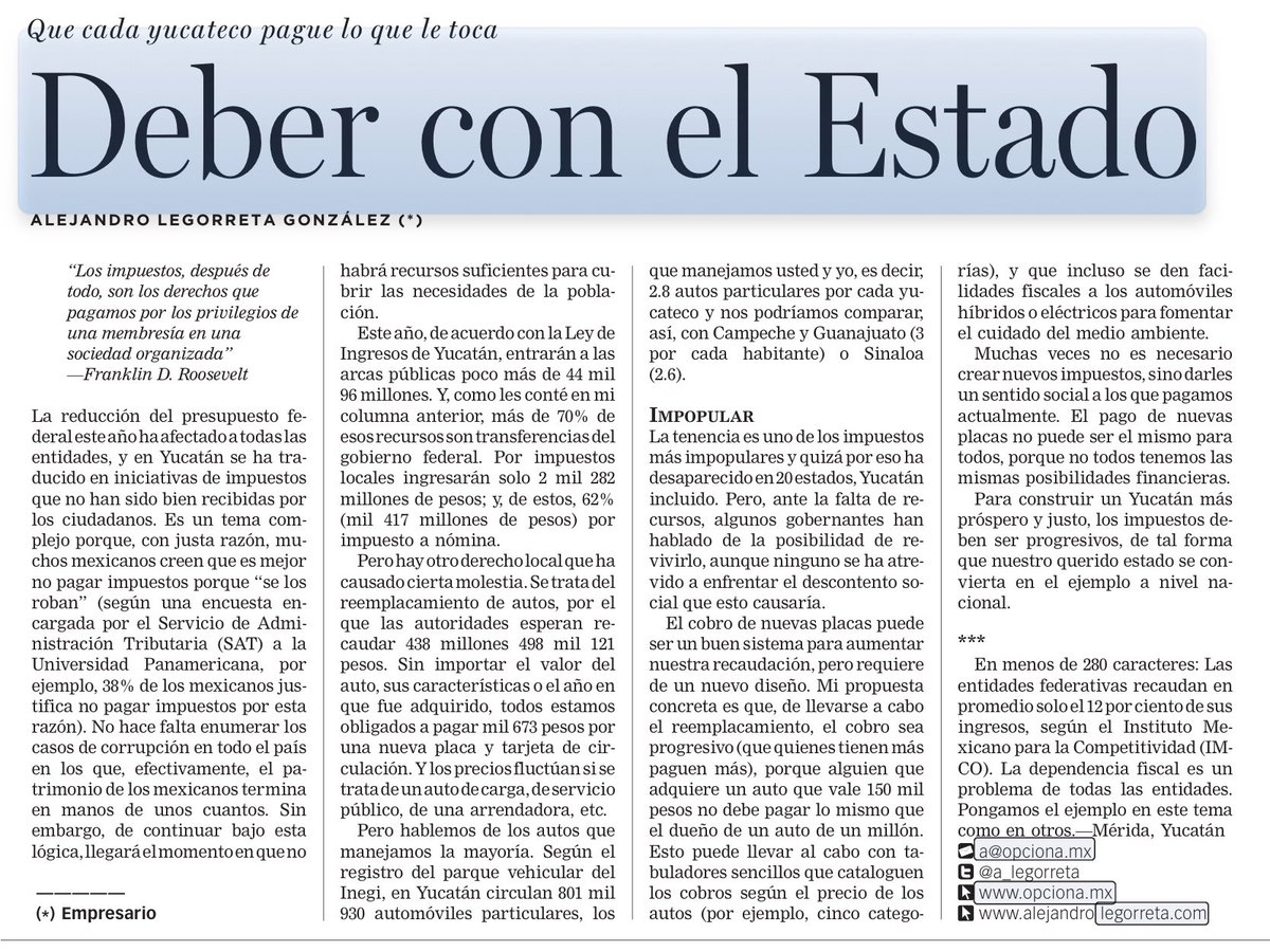 Para construir un Yucatán más próspero y justo, los impuestos deben ser progresivos.

Que cada yucateco pague lo que le toca, y que el que tiene más, pague más. Mi colaboración de esta semana en el <a href="/DiariodeYucatan/">Diario de Yucatán</a>

alejandrolegorreta.com/que-cada-yucat…