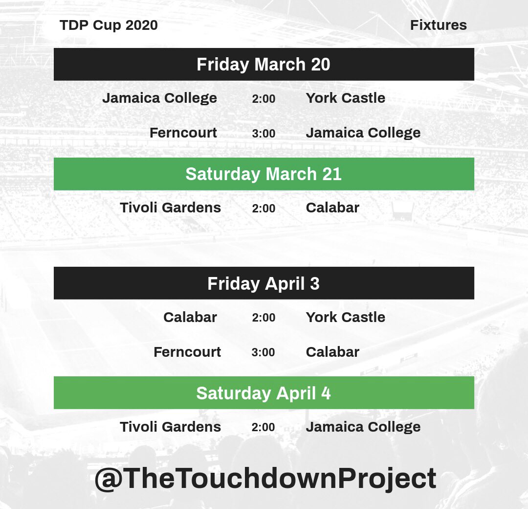 Classof876's tweet image. #TheTouchdownProject 2020 Jamaica Flag Football High School Championship league schedule is out! Can #FerncourtHighSchool repeat as champions?? 🇯🇲🏈🇯🇲