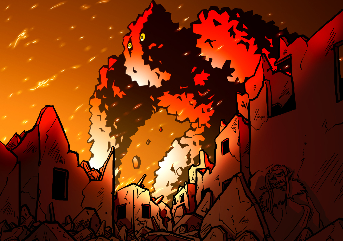 destruction explosion fire ruins rubble 1boy building  illustration images