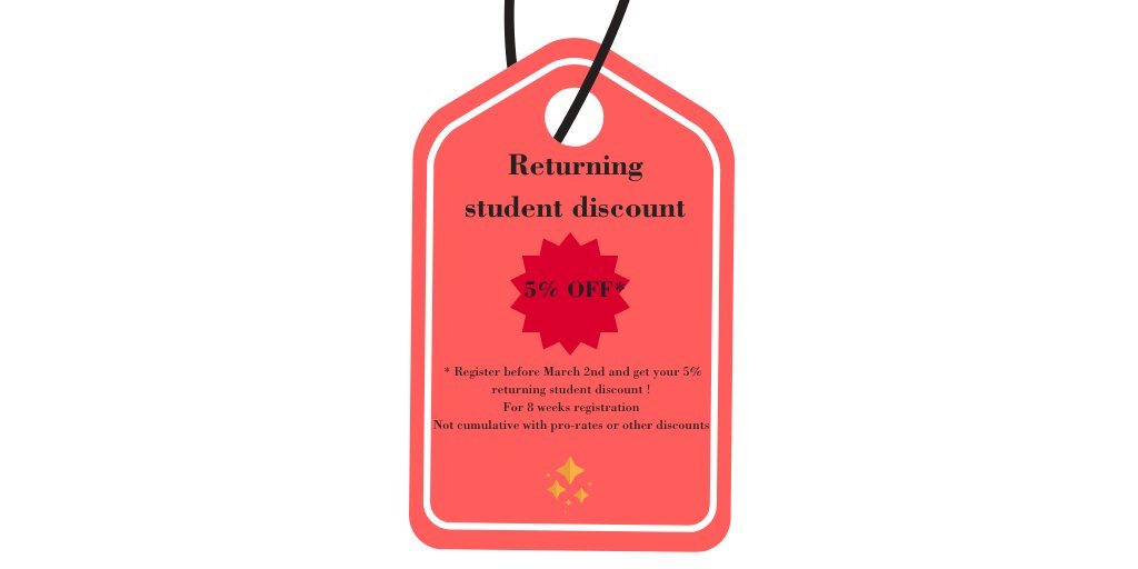 Classes are starting next week !
Register now and get your returning students discounts (* for 8-week registration).
buff.ly/2Eh9D9x
buff.ly/3bUK7VF