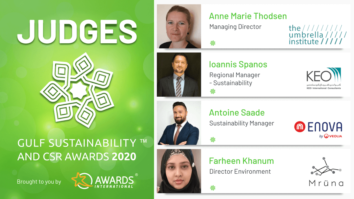 SCSRAwards's tweet photo. Meet our judges at the #GCSR 2020:
👉 Anne Marie Thodsen, Managing Director at The Umbrella Institute
👉 Ioannis Spanos, Regional Manager - Sustainability at @KEOIC
👉 Antoine Saade, Sustainability Manager at @Enovame
👉 Farheen Khanum, Director Environment at Mruna https://t.co/IMqYGVoe9x