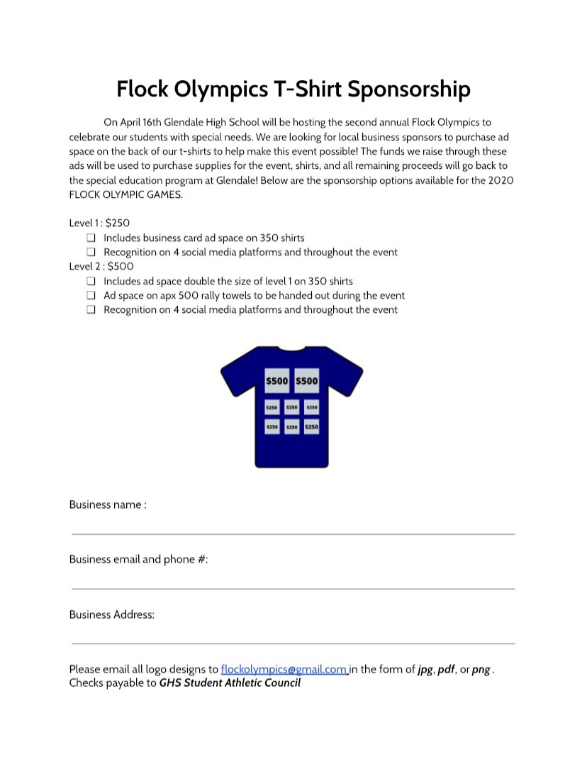 FLOCK OLYMPICS is returning to Glendale this year to celebrate our students with special abilities and we need your help to make this event a success!  Check out this sponsorship opportunity and let us know if you are interested in helping! <a href="/FalconsGlendale/">Glendale Athletics</a> @MrJoshGroves