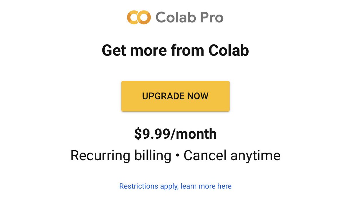 daqsyspty's tweet image. If you like Colab now Colab Pro enables you a little bit power and is worth it if you have small scale projects.  Cancel anytime.
.
.
.
#google #colab #colabpro #machinelearning #deeplearning #datascience