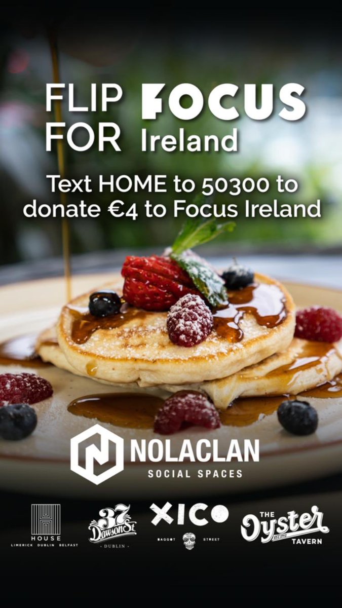 We have been working on this campaign between all our venues, Newstalk and Focus Ireland. Pancakes available all day in exchange for donations but if you can’t make it into any of the venues please text HOME to 50300 to make a €4 donation to Focus Ireland. Thanks 😊