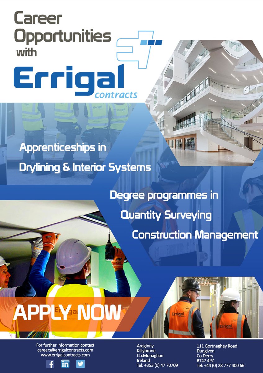Calling all final year students. As exam time quickly approaches, with it comes questions, choices and decisions. Errigal have a number of exciting career opportunities available. Apply today at careers@errigalcontracts.com #apprenticeships #earnasyoulearn #trainingforthefuture