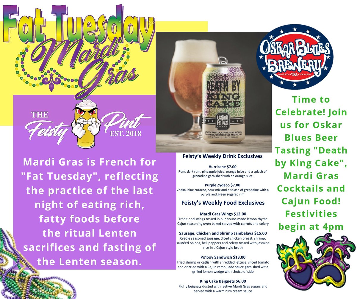 pint68's tweet photo. Mardi Gras is the love of life, leave a little sparkle wherever you go! #oskarblues "It's great to be King" #mardigras2020 #deathbykingcake #beads #celebrate #happyhour #goodtimes #downtowngj #food #shoplocal #foodie #happy #lifestyle #craftbeer #hardciders #wine #whiskey https://t.co/KatBPfyqmt