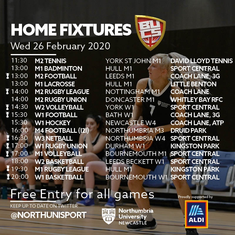 NorthUniSport's tweet photo. BUCS Fixtures | Here are all of tomorrow's home and away fixtures, good luck to everyone who is competing! Make sure you come down to support! #BUCSWednesday 🏉 🏓 ⚽ #IamNorthumbria #GetActiveYourWay https://t.co/WNHPbGhvD1