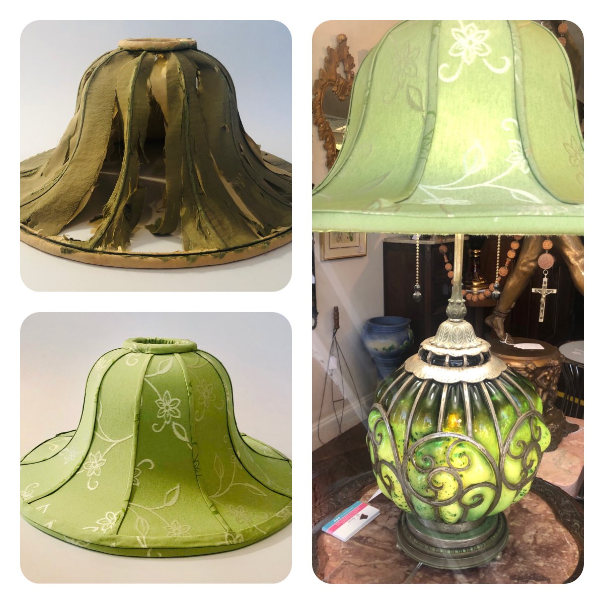 One of my most challenging lampshades--a tattered, vintage one we brought back to life for New England Antiques, 510 S. Pineapple Ave., Sarasota, FL--a gem of a shop! #elledaniel #sarasotasmallbusiness #sarasotainteriordesigners #sarasotaantiqueshops #restoration #sarasota