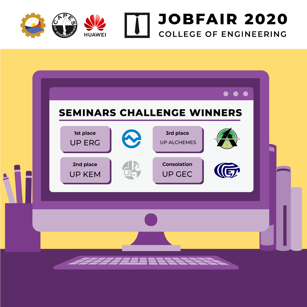 UPCAPES's tweet photo. Congratulations to this year's Seminars Challenge 2020 winners! On behalf of the whole team from UP CAPES and Huawei, we would like to express our utmost gratitude to everyone who participated in this year's Seminars Challenge. See you next year!
#EngineeringTheFilipinoFuture https://t.co/Nyh9NYZbj3