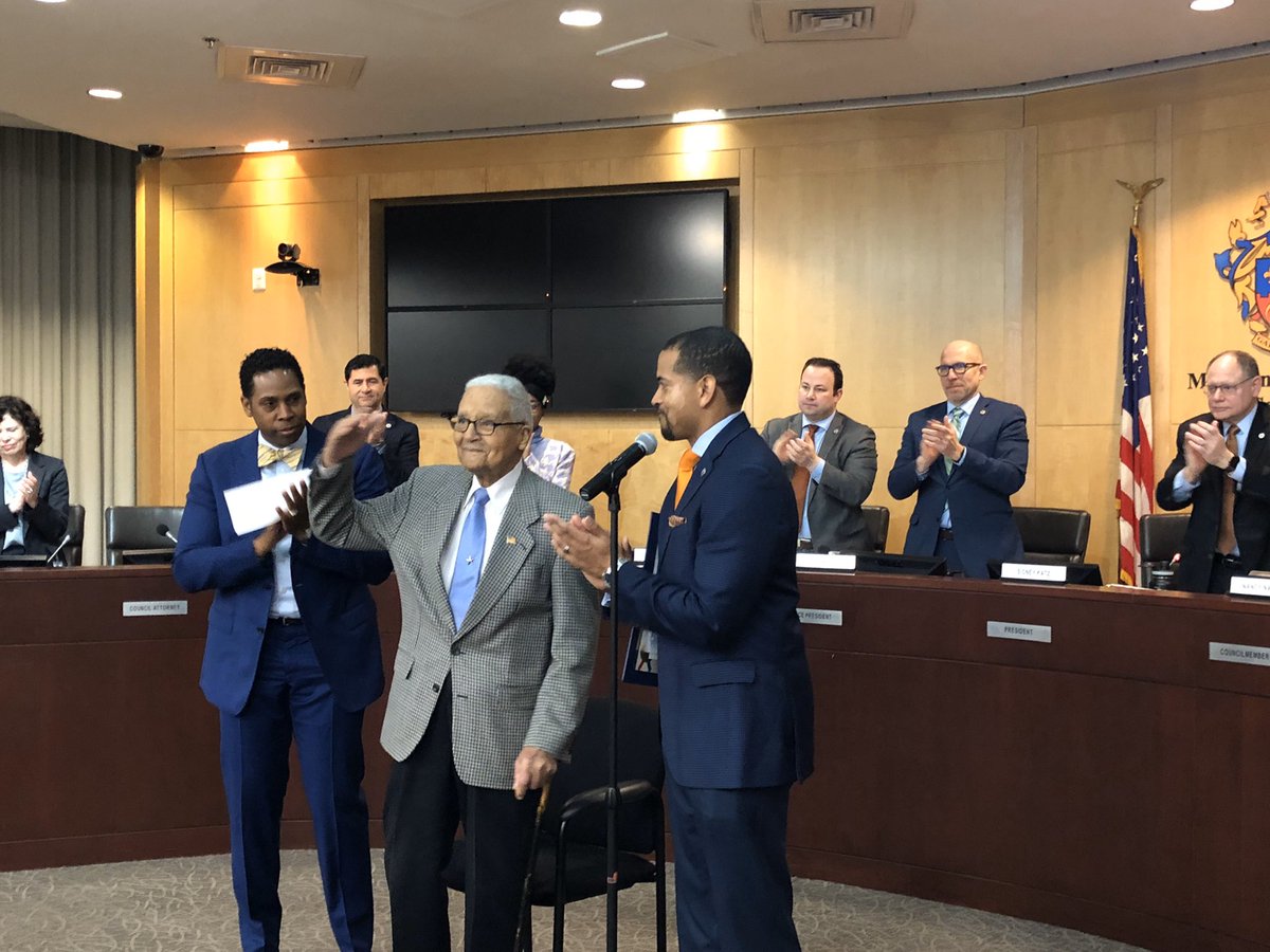 MoCoCouncilMD's tweet photo. #HappeningNow: Councilmembers @willjawando and @RicePolitics are recognizing Mr. Charles McGee, the oldest living member of Tuskegee Airmen, and presenting a proclamation in honor of his legacy. https://t.co/hyZ8dT3oJi