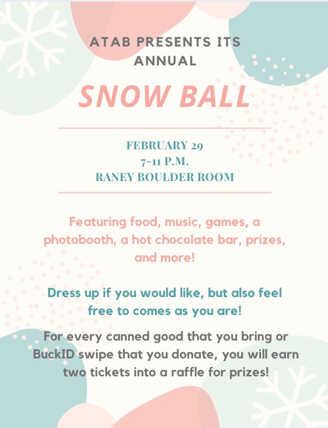 We hope that your week is off to a good start. ATAB’s annual Snow Ball is taking place this Saturday! It will be a fun-filled night. We hope to see you there!