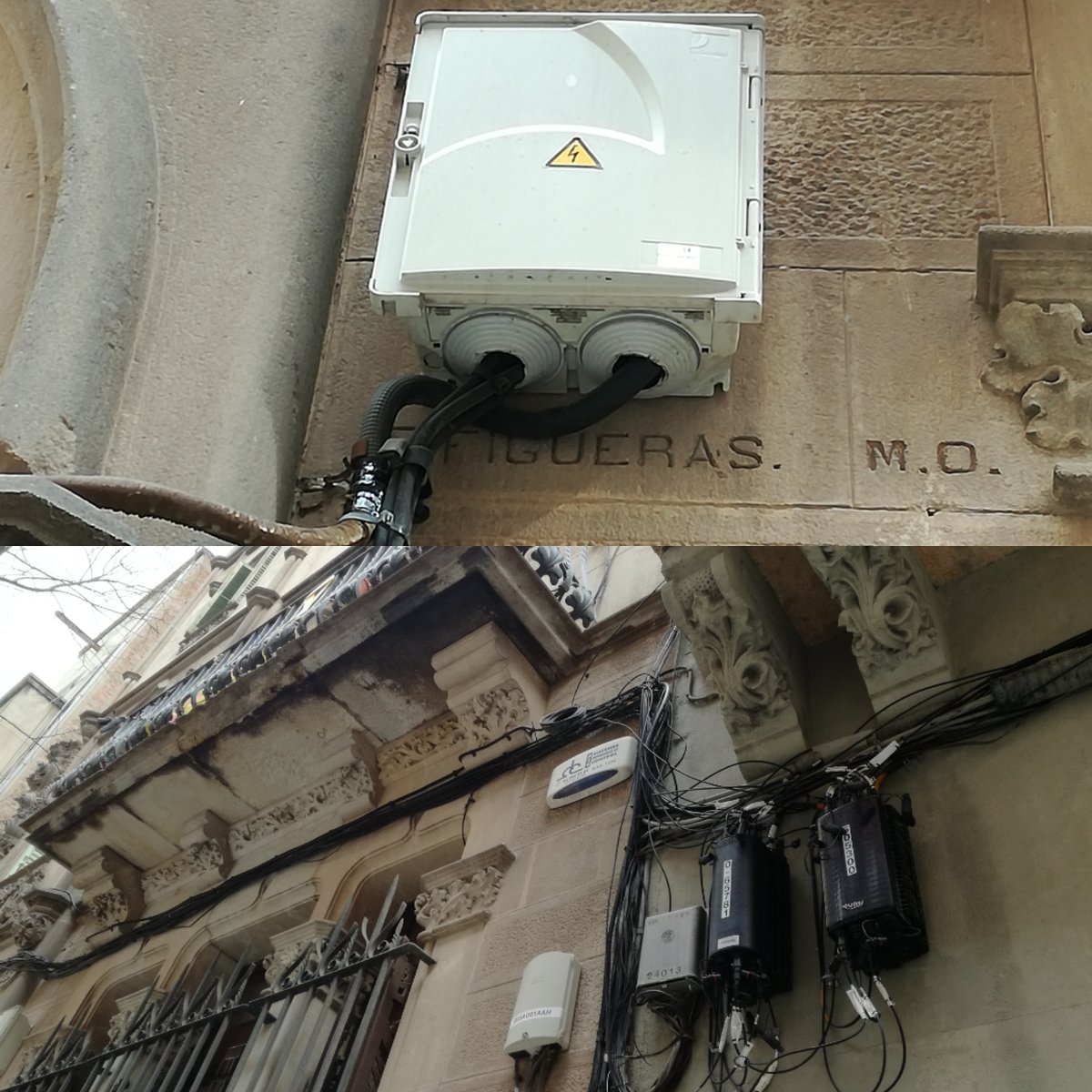 AgusGiralt's tweet photo. Un altre exemple de poc respecte pel patrimoni per les companyies d'instal·lacions. La casa Henriette Cros al carrer Dalmau, un edifici protegit del mestre d'obres Enric Figueras i Ribas #Sants #patrimonimodest https://t.co/Z4eiw3zlCR