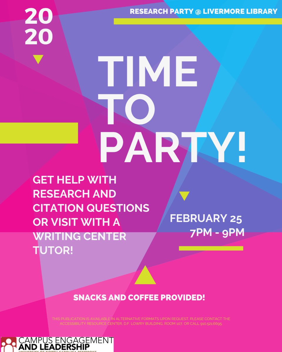 uncplibrary's tweet image. Research party in the library! Tonight from 7-9 p.m. Get help from a librarian with research/citations, or visit with a Writing Center tutor. Snacks and coffee provided! #uncplibrary
