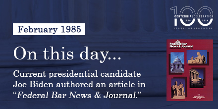 federalbar's tweet photo. 35 years ago, presidential candidate @JoeBiden was featured in the February 1985 issue of Federal Bar News & Journal as an author covering the Comprehensive Crime Control Act of 1984.
Check out more notable events in FBA history
👉 https://t.co/jJbj3H63dr #FBA100 https://t.co/CJ4vQ6DfBL