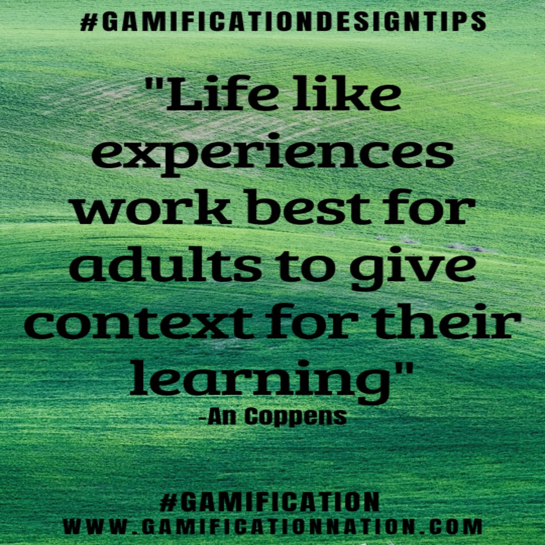 GamificationNat's tweet image. Daily #Gamificationdesigntips: Life like experiences work best for adults to give context for their learning.
#Gamificationdesigntip #Gamification #Gamificationnation #Design #Gamedesign #Gamificationdesign #Gamedesigntip