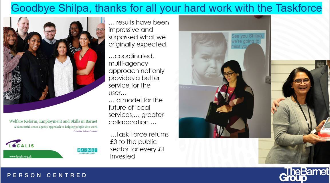 BarnetTaskForce's tweet image. We're saying goodbye to Shilpa today our @DWP #jobcentre work coach. Good luck in your new role and thanks for working collaboratively to help 1 in 3 clients find work @BarnetCouncil @BarnetHomes