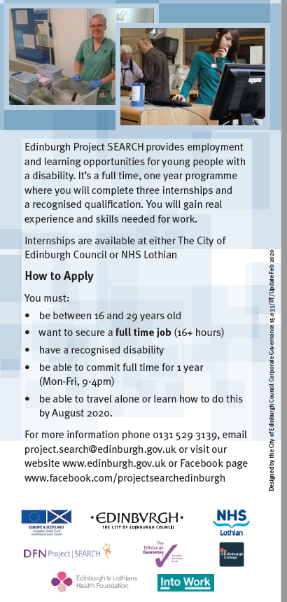 LothianCIL's tweet photo. Edinburgh Project Search helps people with disabilities who want to work full-time.  If you are 16-29 years old it could be for you.  For more information click on leaflet. https://t.co/5OhSW4hR1O