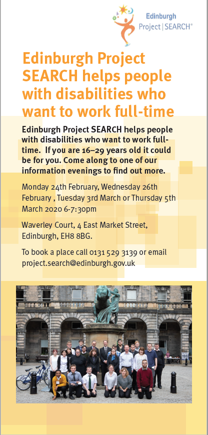LothianCIL's tweet photo. Edinburgh Project Search helps people with disabilities who want to work full-time.  If you are 16-29 years old it could be for you.  For more information click on leaflet. https://t.co/5OhSW4hR1O