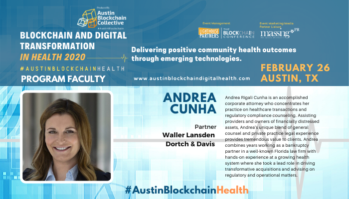 AustinDLTHealth's tweet photo. Honored to have Andrea Cunha, Partner, @WallerLansden join our Blockchain and Digital Transformation in Health 2020 Symposium program tomorrow https://t.co/WpdPBu8jW0

#AustinBlockchainHealth #healthcarelaw #DigitalHealth #HealthIT #BlockChainNews #blockchain #Austin #atxtech https://t.co/8IgiYJUD1p