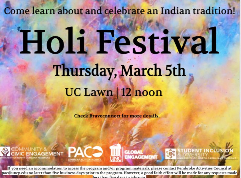 UNCP_PAC's tweet image. Come learn about another culture and celebrate a well known tradition in India! #Spring #uncp #BraveNation #culture #India #Holi #uncp20 #uncp21 #uncp22 #uncp23