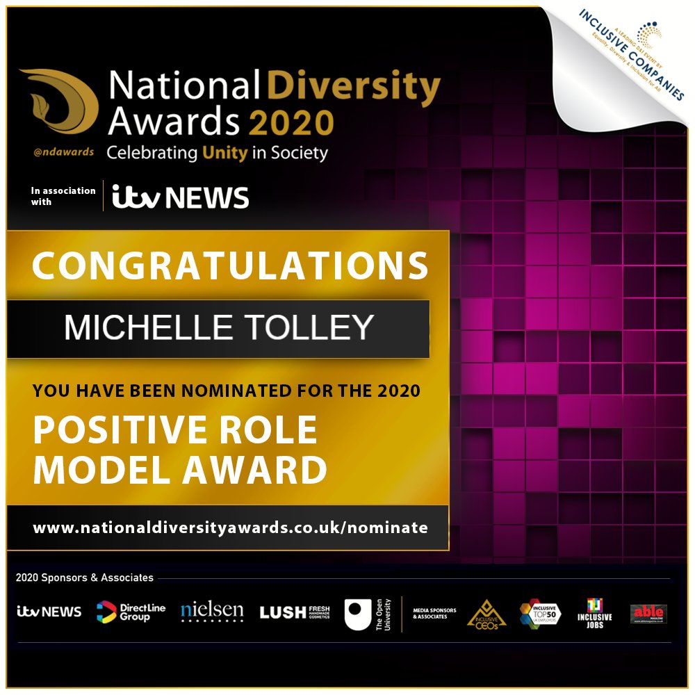 ndawards's tweet photo. Congratulations to you @MichelleTolley5! You have been nominated for the Positive Role Model Award for Disability at The National Diversity Awards 2020 in association with @itvnews!! π€©π€ To vote for Michelle please visit https://t.co/7nKFniaRzS #NDA20 #VotingOpenNow https://t.co/No7Y4iIEWU