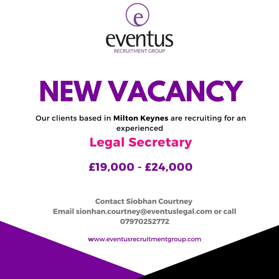 Our client is looking for a legal secretary to start as soon as possible based in Milton Keynes, salary £19k-£24k.  eventusrecruitmentgroup.com/jobs/legal-sec…
#miltonkeynes #miltonkeynesjobs #jobsmiltonkeynes #legaljobs #legaljobsmiltonkeynes