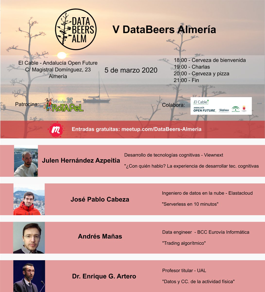 V DataBeers ALM próximo jueves 5 de marzo! 18:00-21:00. Datos, 🍻 y 🍕. 4 charlas de lujo en <a href="/OpenFuture_And/">Andalucía OpenFuture</a> #elcable
Entradas🎟️meetup.com/es-ES/DataBeer… <a href="/julen1991/">Julen Hernandez</a> <a href="/pblo_cz/">Pablo Cabeza</a>