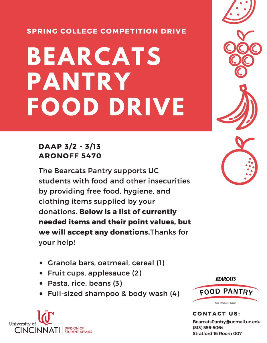 Bearcats Pantry Food Drive! Bring in food, hygiene, and clothing items to get points. 🥘 🧼