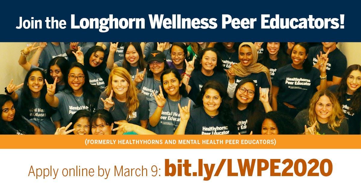 Healthyhorns's tweet image. Want to make UT a healthier place? Become a Longhorn Wellness Peer Educator! he Longhorn Wellness Peer Educator application closes on March 9th @ 8PM. Apply at: bit.ly/LWPE2020