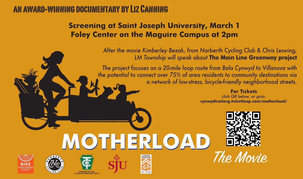 On Sun, 3/1 at 2pm a Free screening of the movie Motherload <a href="/saintjosephs/">Saint Joseph’s University</a>
Free bike valet by @MechanicCycling
free tickets at cynwydtrailorg.ticketleap.com/motherload/  

<a href="/BikingTheRegion/">BCGP Biking The Region</a> <a href="/bcgp/">Bicycle Coalition of Greater Philadelphia</a> <a href="/circuittrails/">The Circuit Trails</a> <a href="/MOTHERLOADmovie/">Liz Canning</a> 
 #onthecircuit #cynwydtrail #lowermeriontownship #balacynwyd