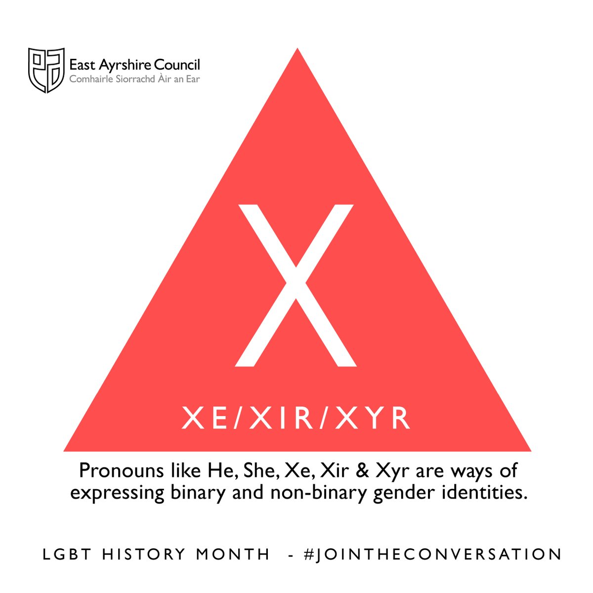 EACequalities's tweet photo. Pronouns like He, She, Xe, Xir and Xyr are ways of expressing binary and non-binary gender identities. We should always respect people's gender identity. #inlusive #respect #equality @EastAyrshire @VibrantEAC @lgbt https://t.co/0Ds7m8uSFi