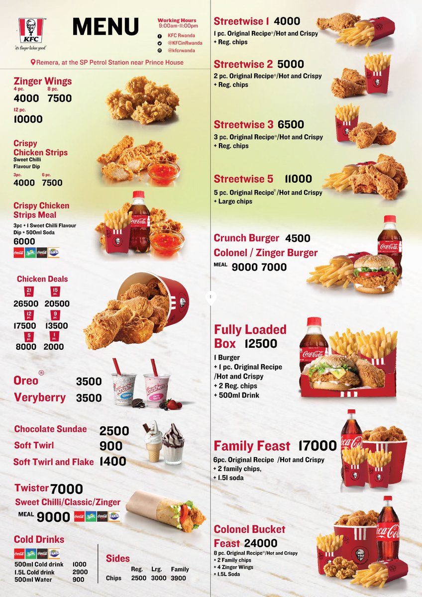 KFCinRwanda's tweet photo. You've asked, we've heard and finally you can now access our online #menu.
Here we go, let's get the new week going!
#KFCRwanda #KFCNowOpen #FingerLickinGood #Remera #Kigali #Rwanda #KFC https://t.co/6VoXdTJK4o